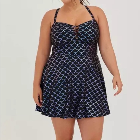 torrid Women’s 12 Wireless Lattice Front Swim Dress Mermaid Black Holographic - Picture 1 of 13